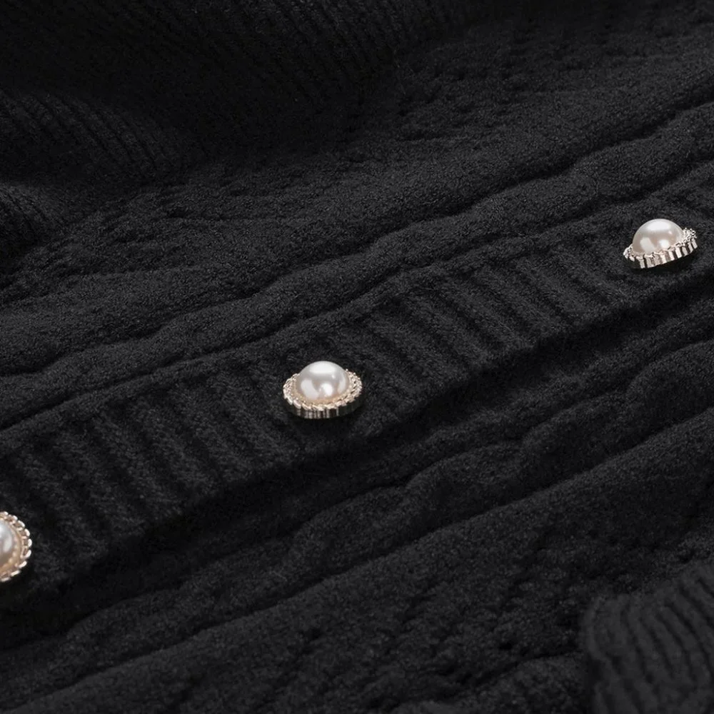 Black Ruffled Buttoned Open Front Knitted Sweater - Picture 9 of 16